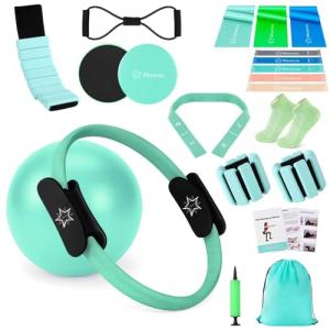 Pilates Equipment Kit for Home Workout, Pilates Ring and Ball Set for Women, 14'' Magic Circle Essentials Accessories Kit, Wrist Weights, Resistance Bands, Yoga Strap, Core Sliders, Socks, Bag Green
