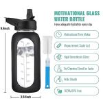 CIVAGO 32 oz Glass Water Bottle with Straw and Handle, Large Sports Motivational Water Bottle Flask with Time Marker and 2 Lids, Leakproof Water Jug Canteen with Silicone Sleeve for Gym,Black