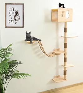 Tall Wall-Mounted Cat Tree with Hammock and Shelf