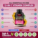Vitamin B Complex for Men & Women - Riboflavin B2, B12, B1, B3, B5, B6, B7, B8, B9 | Vitamin C, Choline, Inositol - B-Complex Supplement - Energy, Brain & Heart Support - Made in USA, 60 Vegan Caps