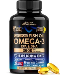 Omega 3 Fish Oil 3600 mg - Omega 3 Supplement | EPA & DHA - Heavy Metals Free - Heart, Brain & Joint Support - Purified Fish Oil for Men & Women - Lemon Flavored - Made in USA, 90 Softgels