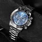 watchdives Chronograph Watch, WD16500 V2 Quartz Men Watches Japan VK63 Meca-Quartz Movement 38mm Sapphire Crystal Wristwatch 100M Waterproof Sport Watch, Stainless Steel Bracelet (Light Blue)