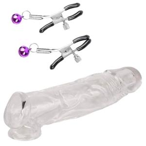 Transparent Extender Male Extension Girth Enhancer Lock Sleeve Ring for Men Reusable -Time Delay - Smooth - Masculine Charm + Bell Clip 2pcs