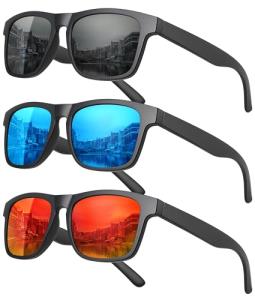 MEETSUN Polarized Sunglasses For Men Women UV Protection Square Frame Sport Fishing Driving Sunglasses (3 Pack) Black/Ice blue/Red