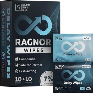 7% Benzocaine Delay Wipes for Long Last for Men - Fast-Acting Formula, 10 Individually Wrapped Wipes for Him with Vitamin E, Chamomile & Aloe Vera + 10 Personal After Sex Towelettes Clean & Care