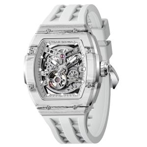 TSAR BOMBA Men's Automatic Watch Tonneau Luxury Skeleton Carbon Fiber Watch for Men 50M Waterproof Wristwatch with FKM Strap TB8228CF-White