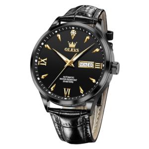 OLEVS Black Watches for Men Leather Automatic Luxury Men's Watch with Date Mens Dress Watch Mechanical Stainless Steel Waterproof Big Face Self Winding no Battery Men's Wrist Watches