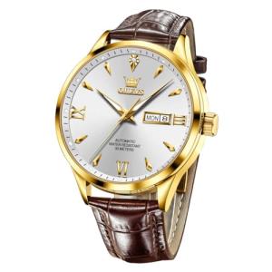 OLEVS Men Watch Brown Leather Automatic Watches for Men Luxury Dress Men's Watch with Date Waterproof Large Face Self Winding Gold Watches for Man