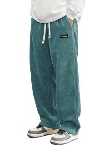 Hidkat Mens Corduroy Casual Pants Fashion Loose Fit Wide Leg Pants Straight Sweatpants Elastic Waist Drawstring Peacock-Blue