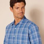 Men's Aqua Blue Plaid Long-Sleeve Casual Shirt