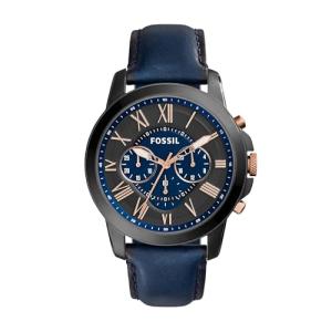 Fossil Men's Watch, Grant Quartz Stainless Steel and Leather Chronograph Watch for Men, Color: Black, Navy