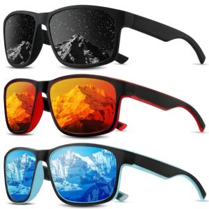 Foliful Square Polarized Sunglasses for Men and Women, Mens Sunglasses UV400 Protection with Lightweight Frame Sun Glasses for Driving Fishing, Grey/Red/Ice Blue