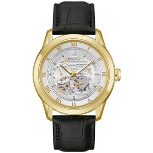 Bulova Men's Classic Sutton 4-Hand Automatic Watch with Gold Stainless Steel, Black Leather Strap,Open Aperture,Exhibition Caseback, Double Curved Mineral Crystal, 42mm (Model: 97A187)