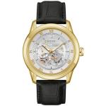 Bulova Men's Classic Sutton 4-Hand Automatic Watch with Gold Stainless Steel, Black Leather Strap,Open Aperture,Exhibition Caseback, Double Curved Mineral Crystal, 42mm (Model: 97A187)