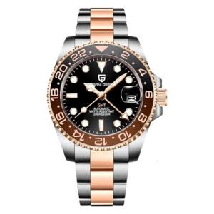 PAGRNE DESIGN GMT Automatic Mechanical Men's Watch Rotating Ceramic Bezel Stainless Steel Watch with Date Function Men's Sport Watch (Steel Strap Rose Gold-3)