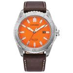 Citizen Men's Eco-Drive Sport Casual Brycen, Silver-Tone Stainless Steel Watch, Brown Leather Strap, Orange Dial (Model: AW1840-09X)