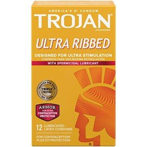 TROJAN Ultra Ribbed Spermicidal Condoms, 12 Pack