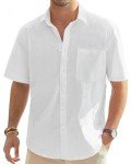 J.VER Men's Casual Half Sleeve Linen Shirt - White