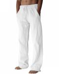 PIDOGYM Mens Cotton Linen Pants, Summer Beach Pants Casual Loose Fit with Elastic Waist Drawstring White