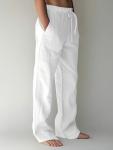 PIDOGYM Mens Cotton Linen Pants, Summer Beach Pants Casual Loose Fit with Elastic Waist Drawstring White