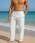 PIDOGYM Mens Cotton Linen Pants, Summer Beach Pants Casual Loose Fit with Elastic Waist Drawstring White