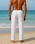 PIDOGYM Mens Cotton Linen Pants, Summer Beach Pants Casual Loose Fit with Elastic Waist Drawstring White