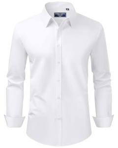 Alimens & Gentle White Button Down Shirt Men Regular Fit Stretch Stain Shield Long Sleeve Solid Party Wedding Shirts,White,Medium