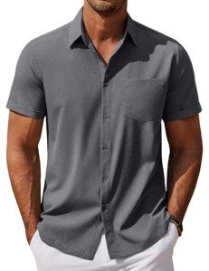 COOFANDY Men's Gray Short Sleeve Beach Shirt