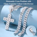Men's Silver Moissanite Cross Necklace & Cuban Link