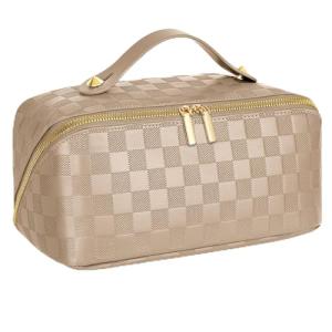 Khaki Large Capacity Makeup Bag with Dividers