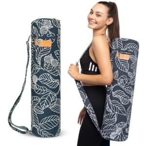 Navy Blue Leaf Canvas Yoga Mat Bag with Pockets