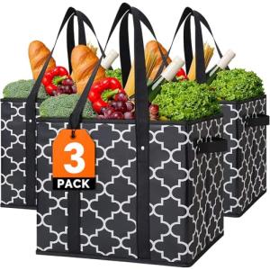WISELIFE Foldable Grocery Bags 3-Pack, Black