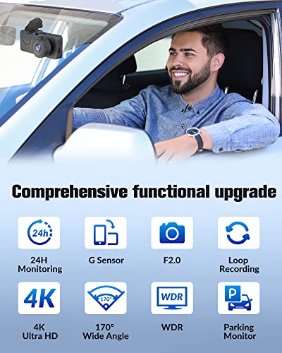 4K 3-Channel Dash Cam - Front&Rear, Wide-Angle