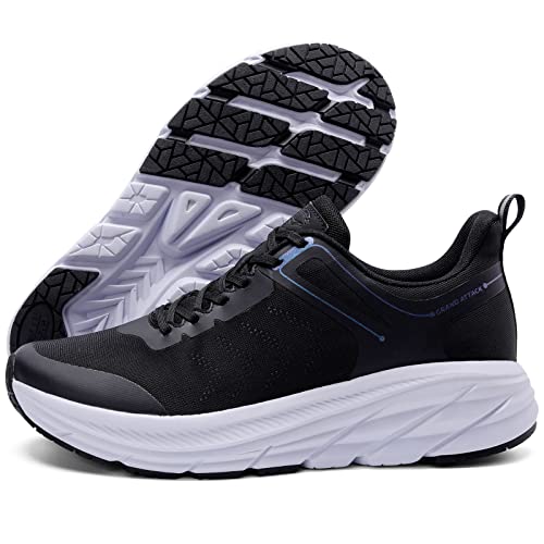 Grand Attack Road Running Shoes for Men with Superior Cushioned Comfort Lightweight Mens Walking Shoes Non-Slip Breathable Athletic Tennis Cross-Training Shoes Rugby Sneakers Black White Size 11