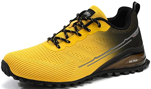 ikunka Men's Fashion Sneakers Lightweight Breathable Walking Shoes Tennis Cross Training Shoe Non Slip Trail Running Shoes(Ginger Yellow 14)