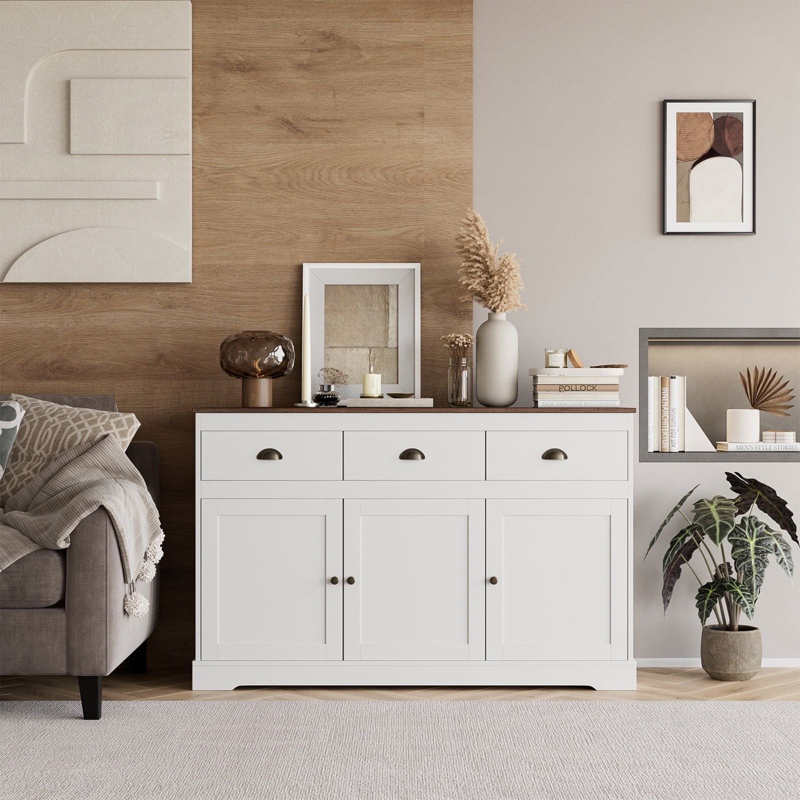 White Sideboard Cabinet with 3 Drawers & Doors