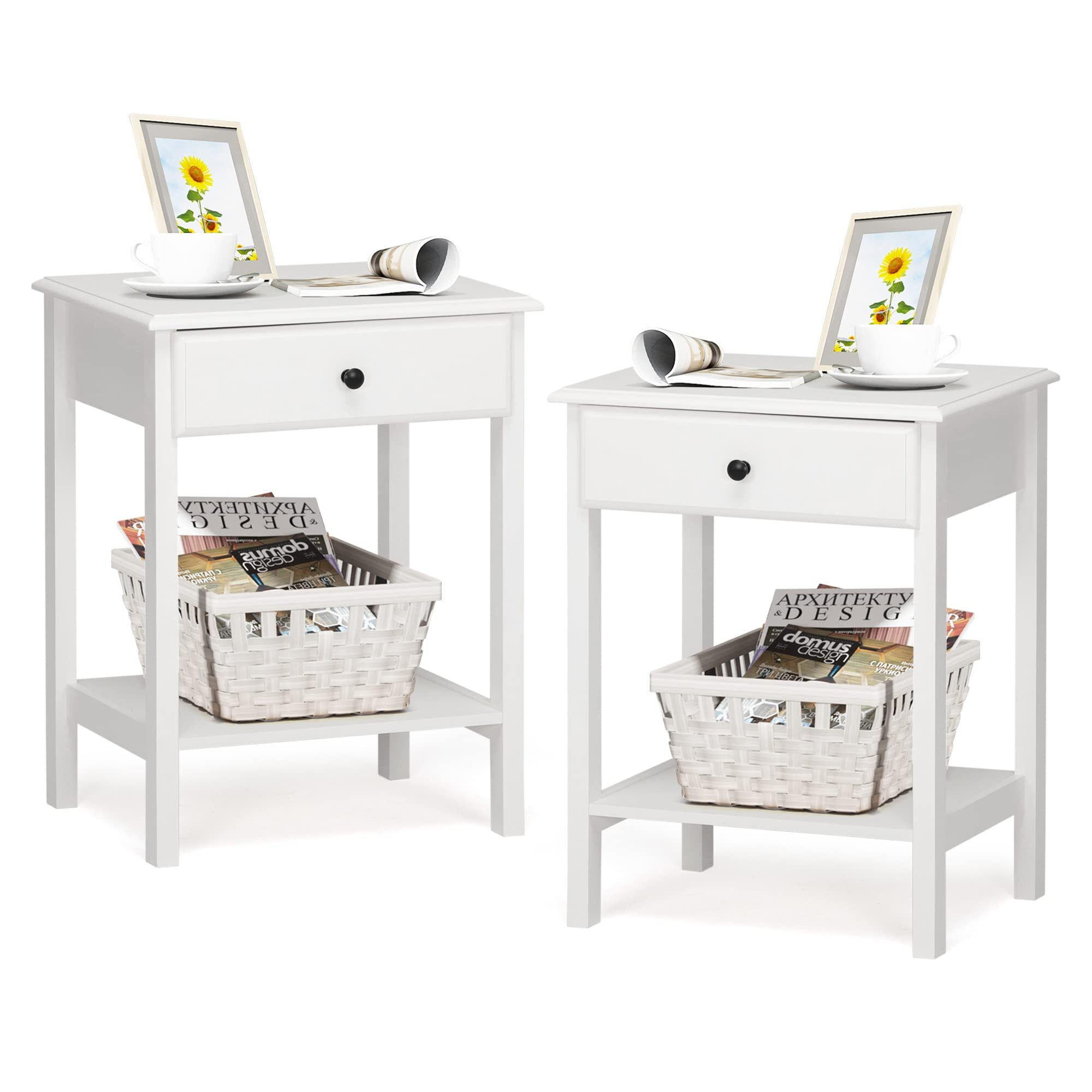 Modern White Bedside Table Set with Drawers