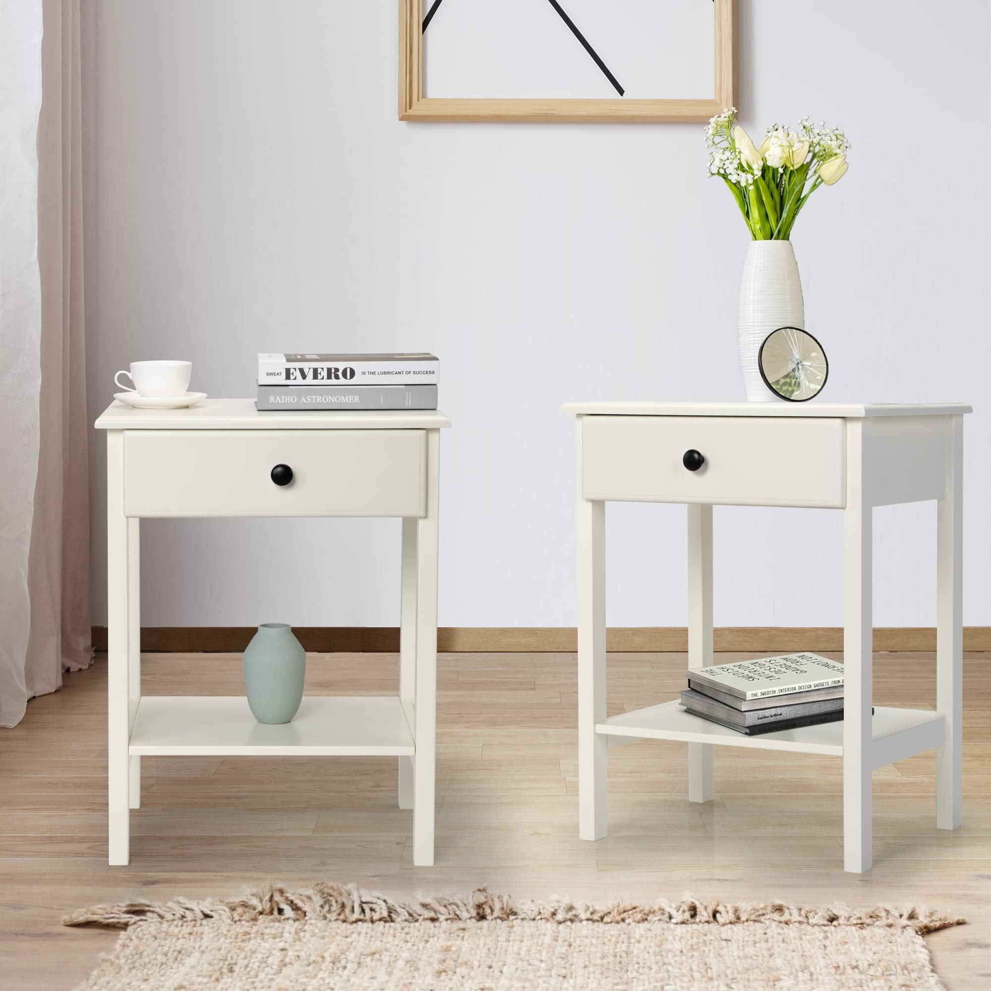 Modern White Bedside Table Set with Drawers