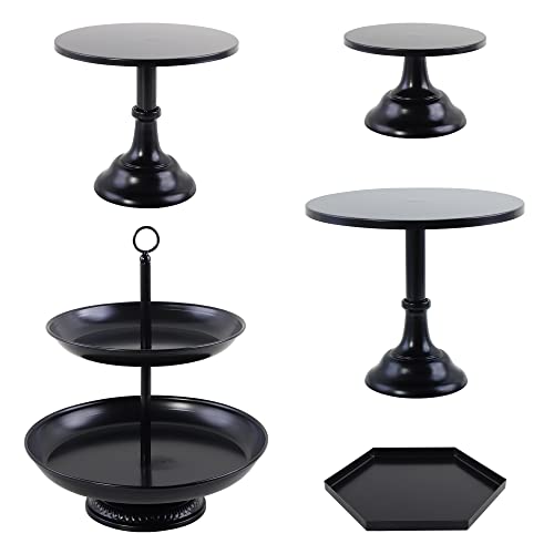 LIFESTIVAL 5 Pcs Black Cake Stands Set Metal Cupcake Holder Round Dessert Display Plate Serving Platter for Party Wedding Brithday Baby Shower Celebration Home Decoration