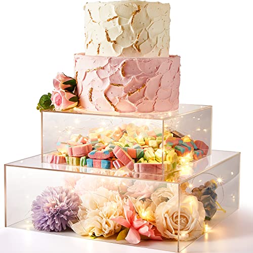 Set of 2 Clear Acrylic Cake Box Stand and Colorful LED Lights Crystal Acrylic Display Risers Acrylic Boxes Acrylic Stands for Display Acrylic Riser Clear Risers Cube Nesting Risers with Hollow Bottoms