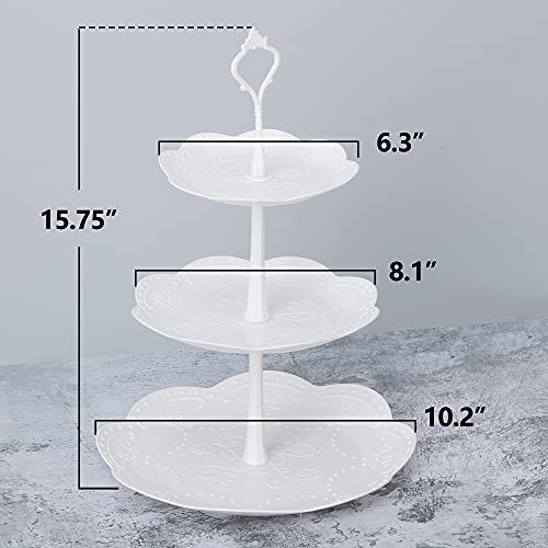 2 Set of 3-Tier Plastic Cupcake Stand Dessert Plates Mini Cakes Fruit Candy Display Tower White for Kids Birthday Tea Party Baby Shower Serving Tray, Round