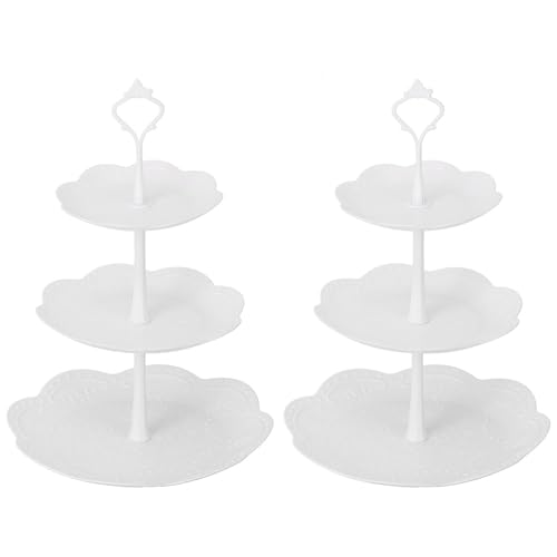 2 Set of 3-Tier Plastic Cupcake Stand Dessert Plates Mini Cakes Fruit Candy Display Tower White for Kids Birthday Tea Party Baby Shower Serving Tray, Round