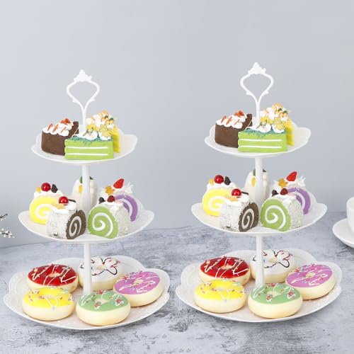2 Set of 3-Tier Plastic Cupcake Stand Dessert Plates Mini Cakes Fruit Candy Display Tower White for Kids Birthday Tea Party Baby Shower Serving Tray, Round