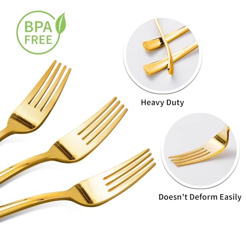 50 Pack Gold Plastic Forks, Heavy Duty Gold Forks Disposable, Gold Plastic Cutlery Perfect for Weddings, Parties, Dinners