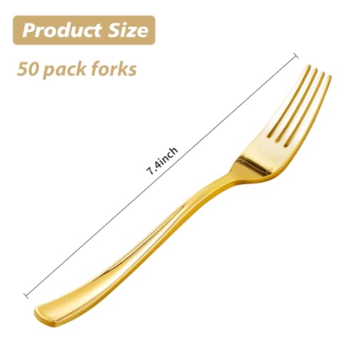 50 Pack Gold Plastic Forks, Heavy Duty Gold Forks Disposable, Gold Plastic Cutlery Perfect for Weddings, Parties, Dinners