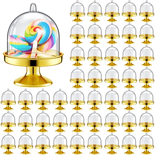 48 Pieces Mini Plastic Cupcake Stand with Lid Tiny Cupcake Stand Round Cake Stand Mini Cake Holder with Lid Cake Display Stand with Cover Mini Candy Box for Candy Dessert Chocolate (Gold)