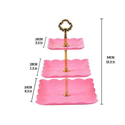 MINGT 3 Tier Plastic Cupcake Stand, Tiered Serving Cake Stand, Square White Embossed Dessert Stand, Weddings Parties Pastry Serving Tray (Pink)