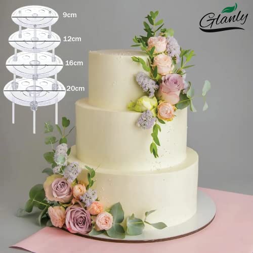 Glanly Plastic Cake Stand - Clear Plastic Cake Dowels for Tiered Cake - 4 Pcs Cake Separator Plates with 20 White Plastic Cake Sticks Support Rods - Tiered Cake Stand for 4, 6, 8, 10 Inch Cake