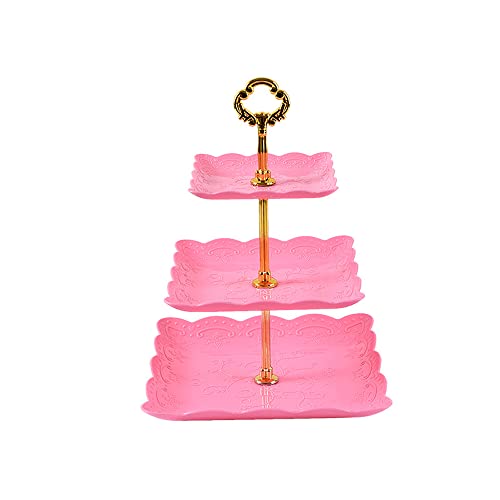 MINGT 3 Tier Plastic Cupcake Stand, Tiered Serving Cake Stand, Square White Embossed Dessert Stand, Weddings Parties Pastry Serving Tray (Pink)