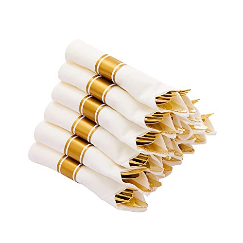 N9R 50 Pack Pre Rolled Gold Plastic Cutlery Set, Wrapped Plastic Silverware Set with 50 Forks, 50 Knives, 50 Spoons and 50 Napkins, Disposable Cutlery Set for Party and Wedding